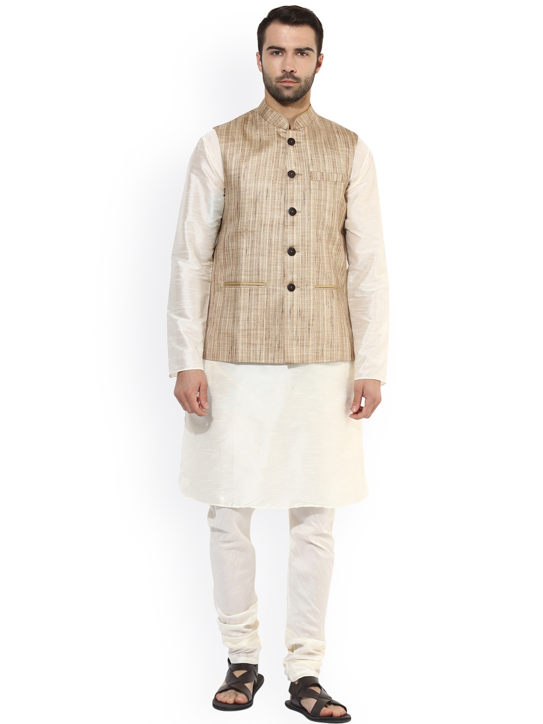

KISAH Men Off-White & Brown Self Design Kurta Waistcoat with Churidar