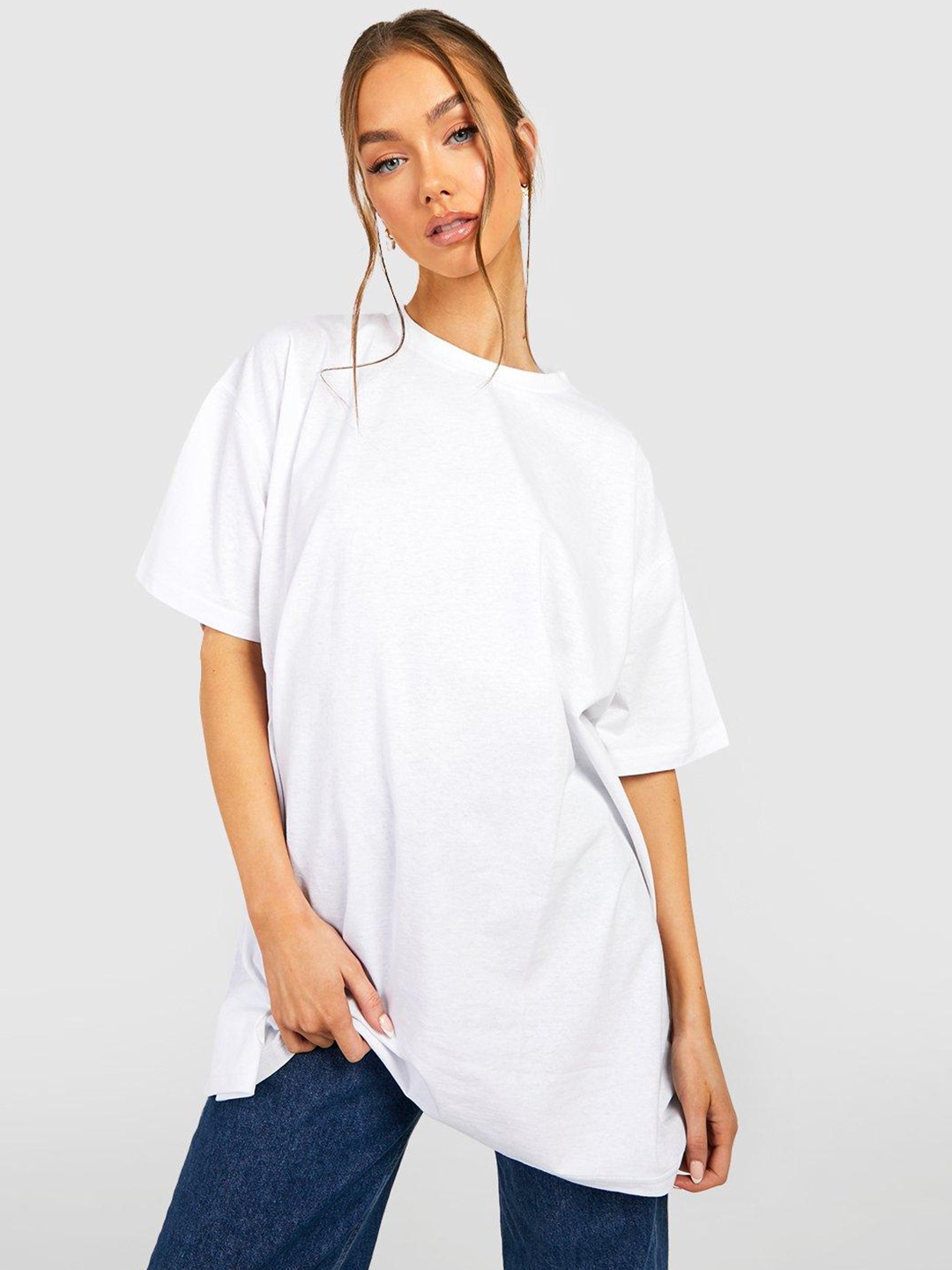 

Boohoo Women Oversized Drop-Shoulder Sleeves Pure Cotton T-shirt, White