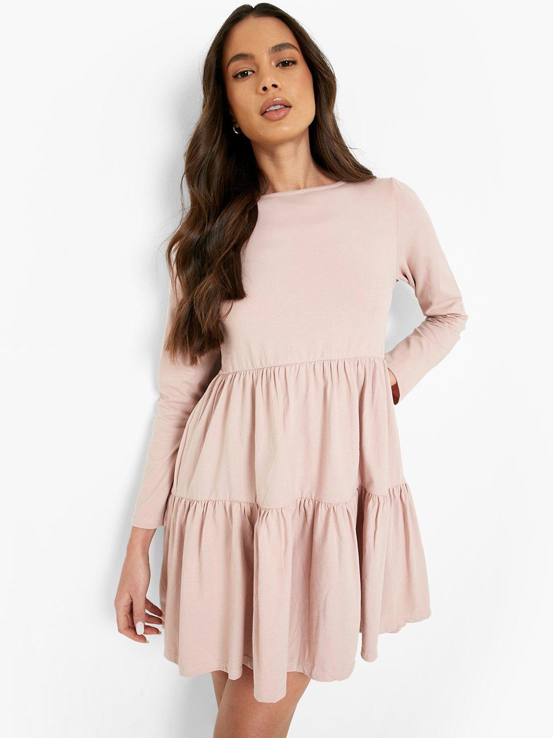 

Boohoo Knitted Long Sleeve Tiered Fit & Flared Dress, Pink