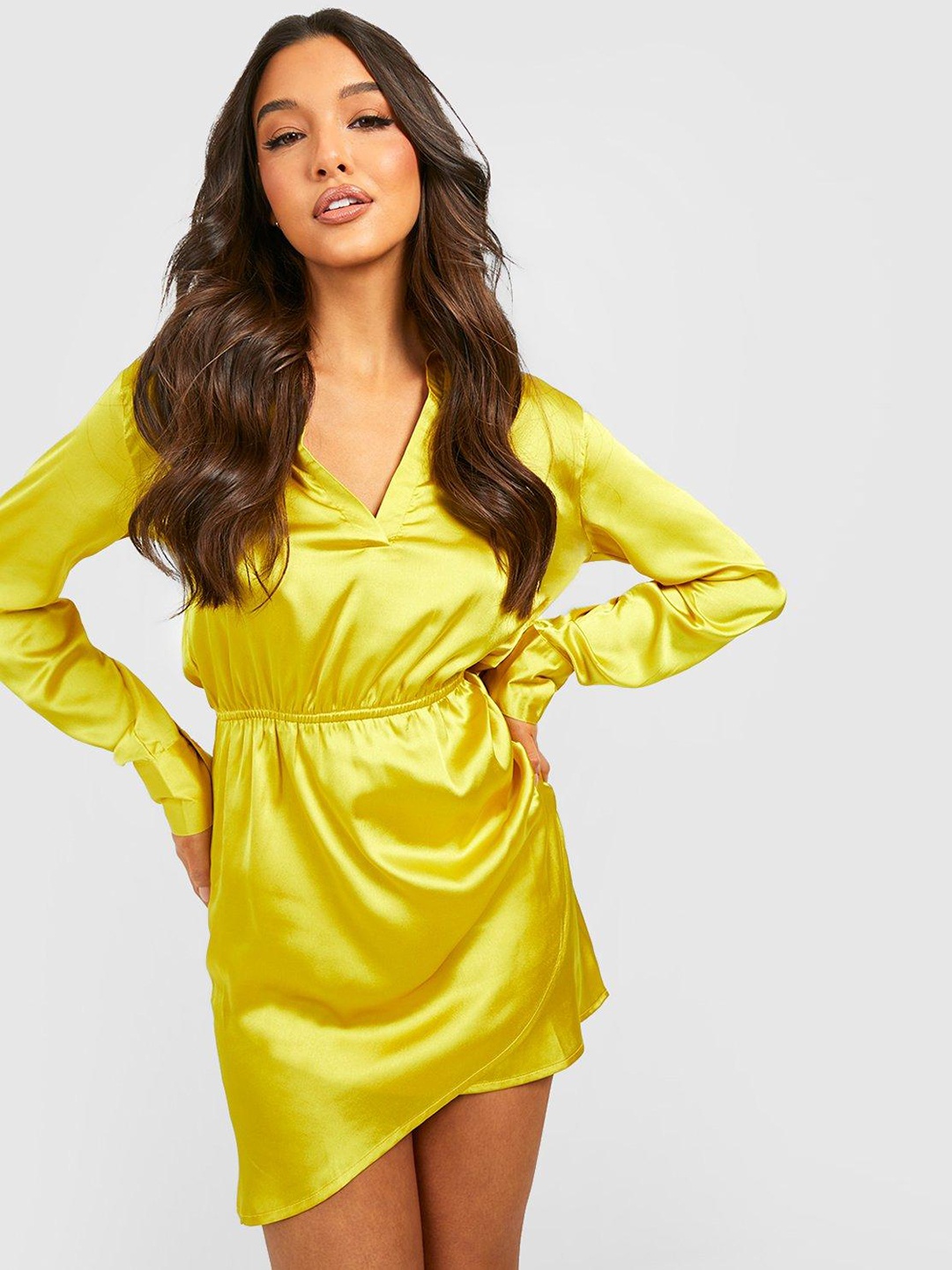 

Boohoo Satin Finish Solid Shirt Mini Dress, Mustard