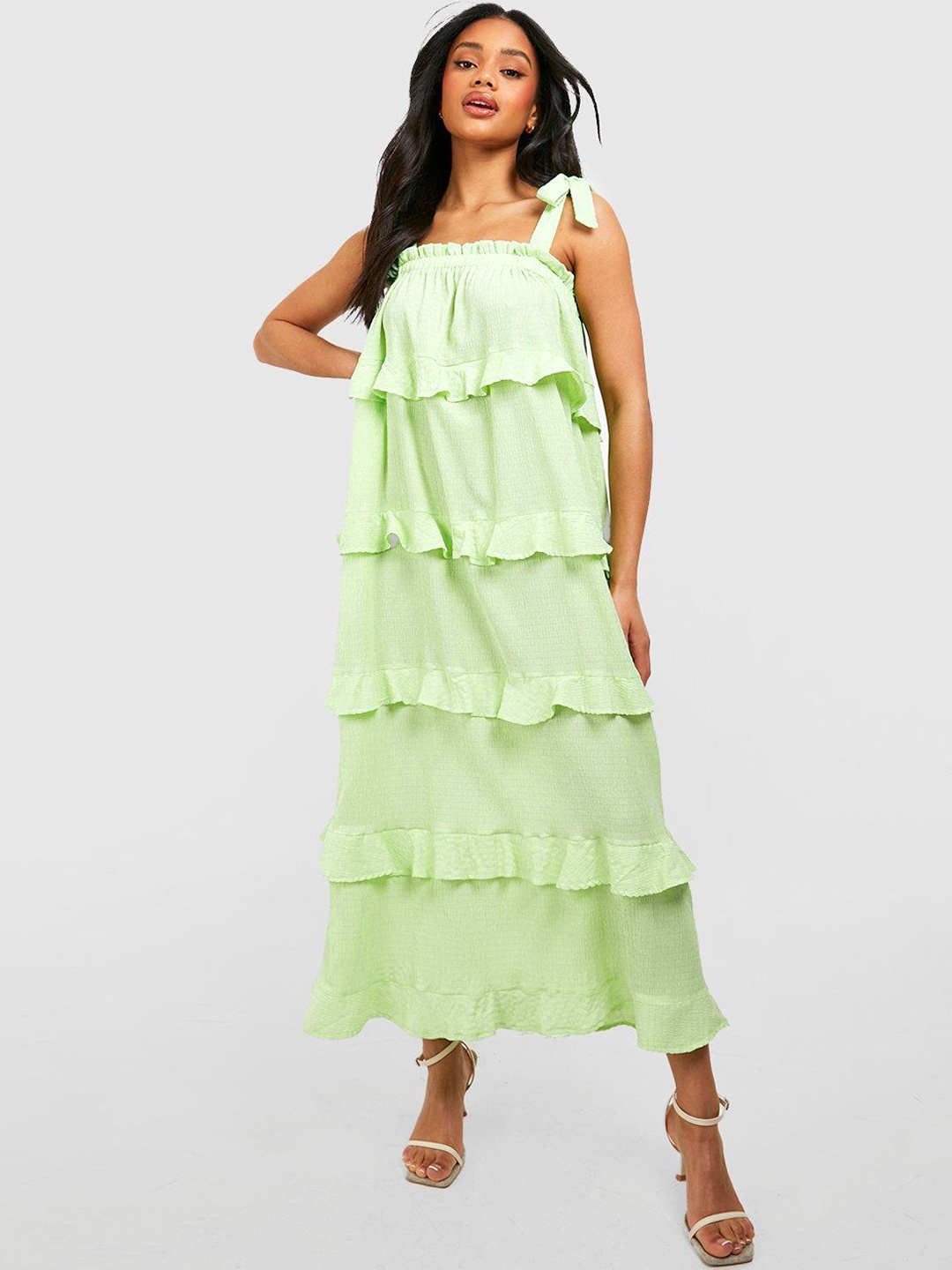 

Boohoo Textured Ruffle Tiered Maxi Dress, Green