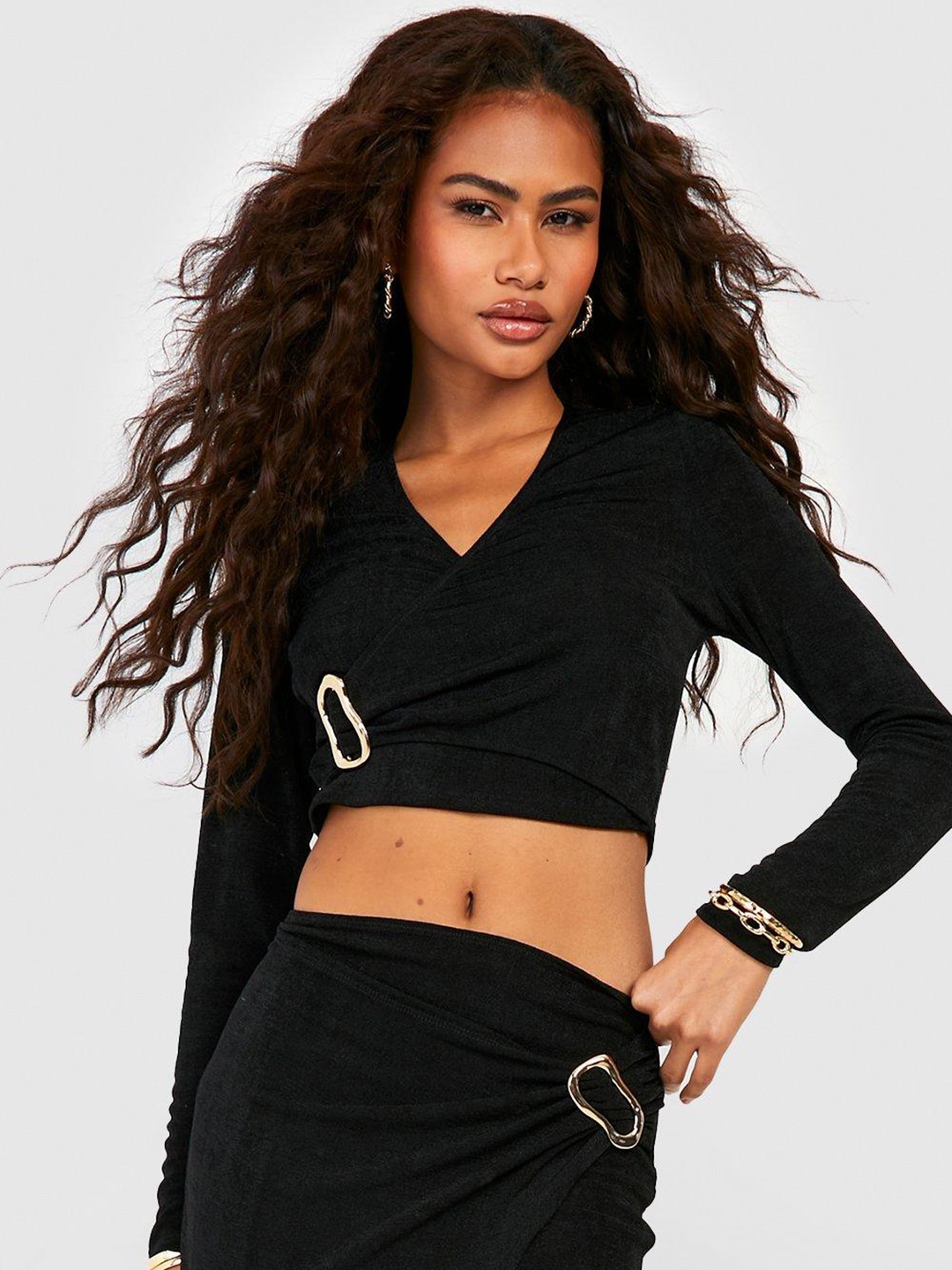 

Boohoo Wrap Crop Top, Black