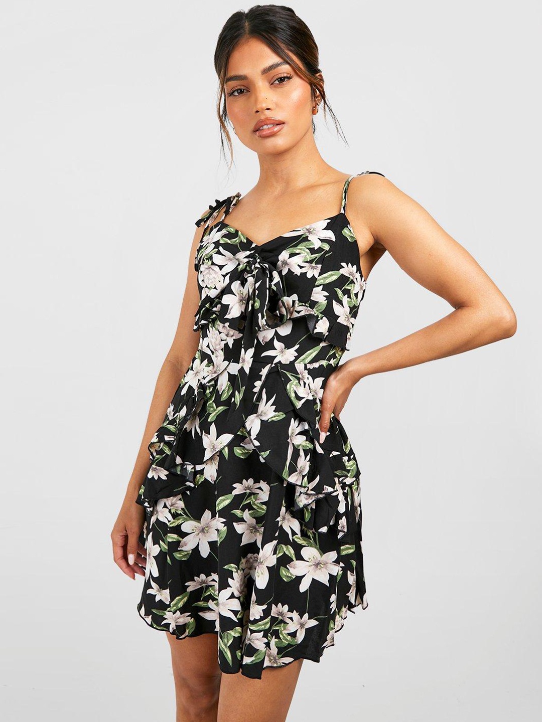 

Boohoo Floral Print Ruffled A-Line Mini Dress, Black