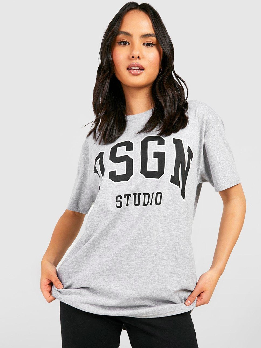 Boohoo Typography Printed Oversized Pure Cotton T-shirt, Grey melange