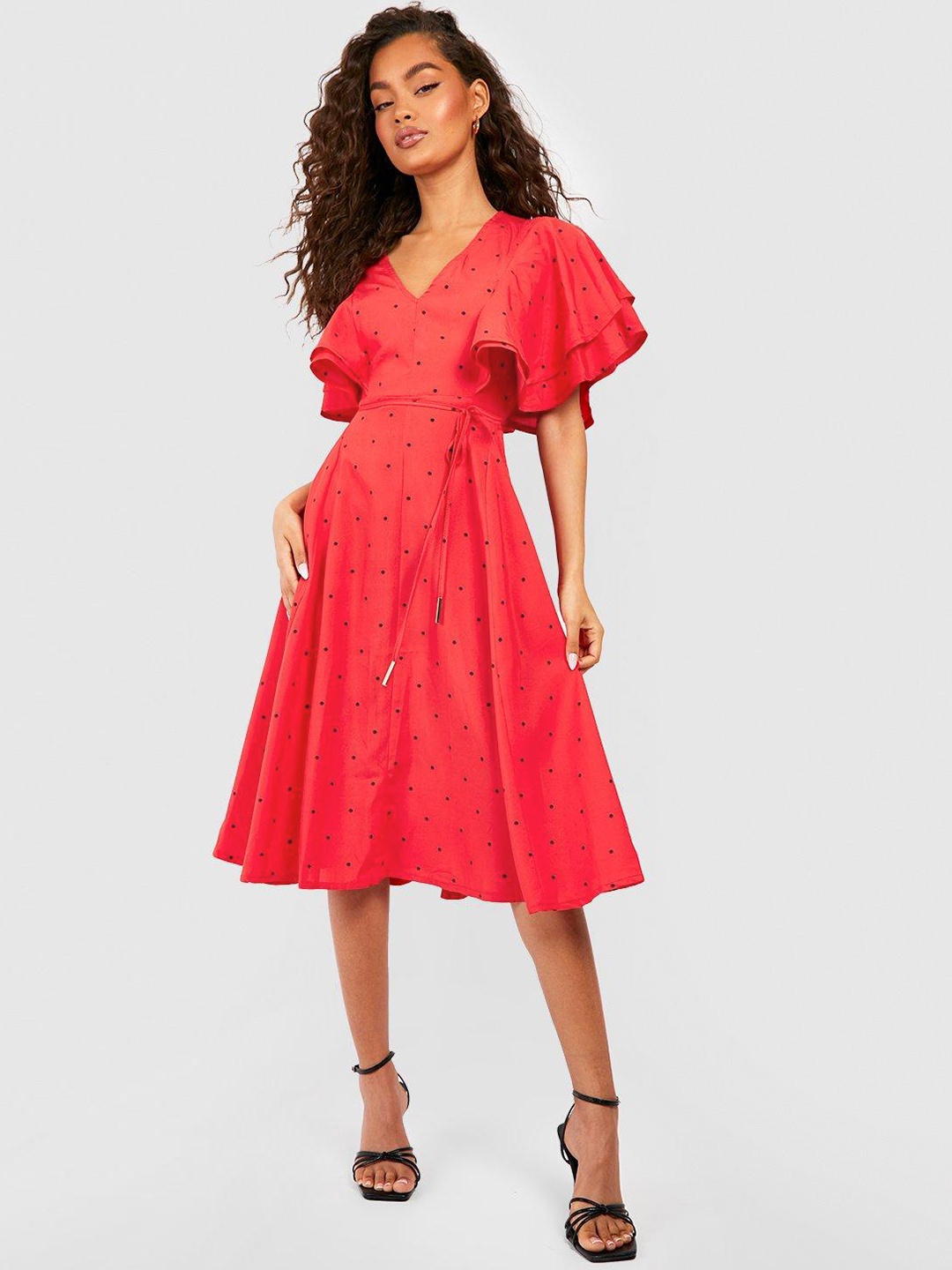 

Boohoo Polka Dot Print A-Line Midi Dress, Red