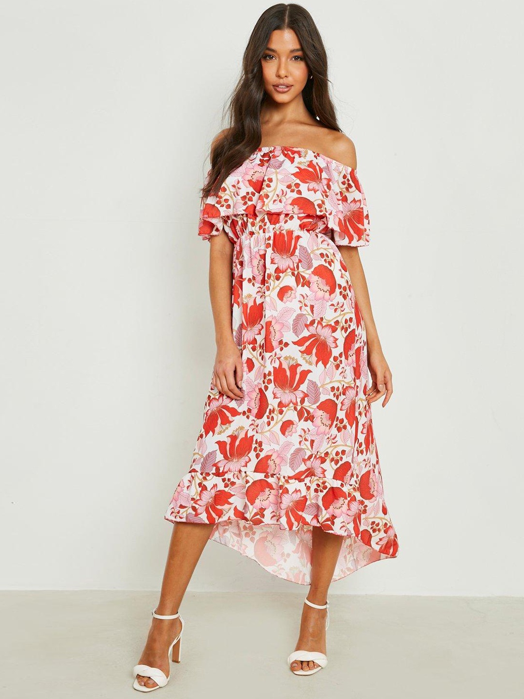 

Boohoo Floral Print Off-Shoulder Ruffled A-Line Maxi Dress, White