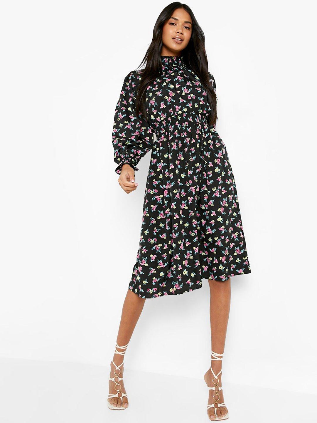 

Boohoo Floral Print Smocked A-Line Midi Dress, Black