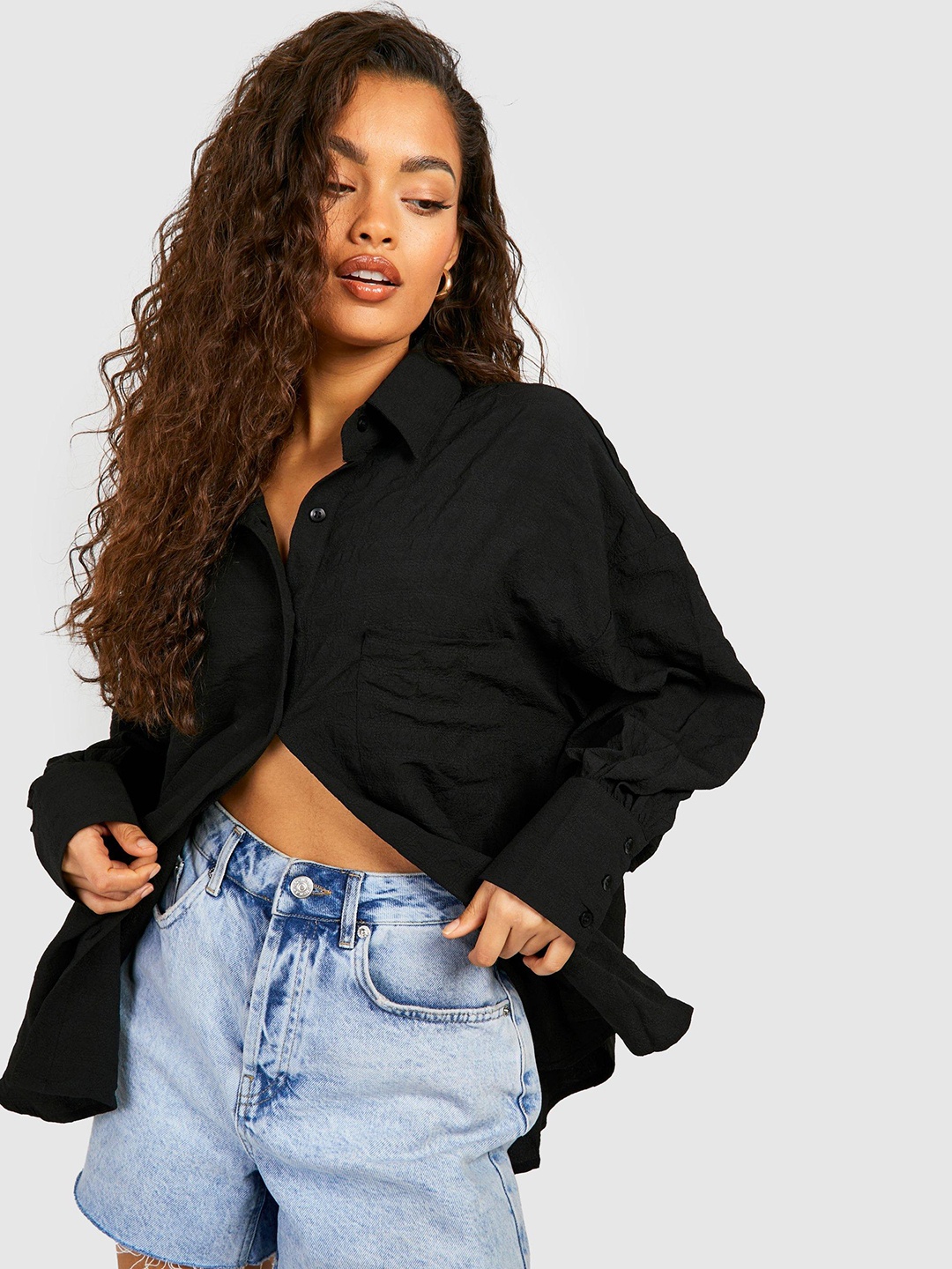 

Boohoo Pure Cotton Textured Casual Shirt, Black