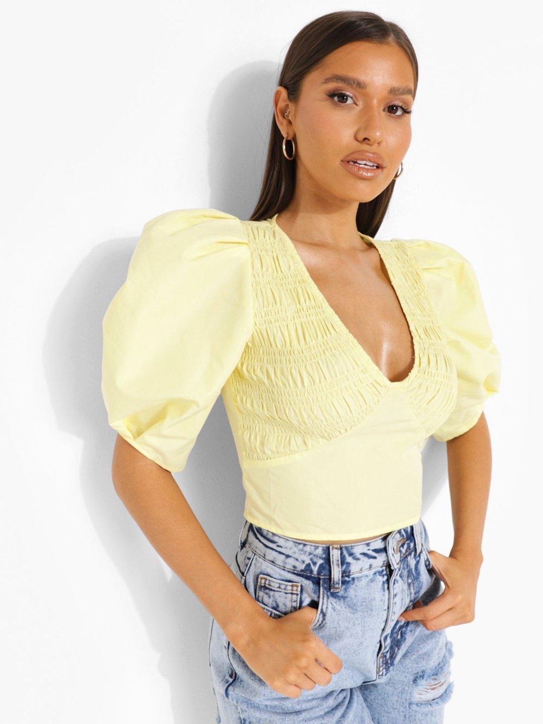 

Boohoo Smocked Crop Top, Yellow