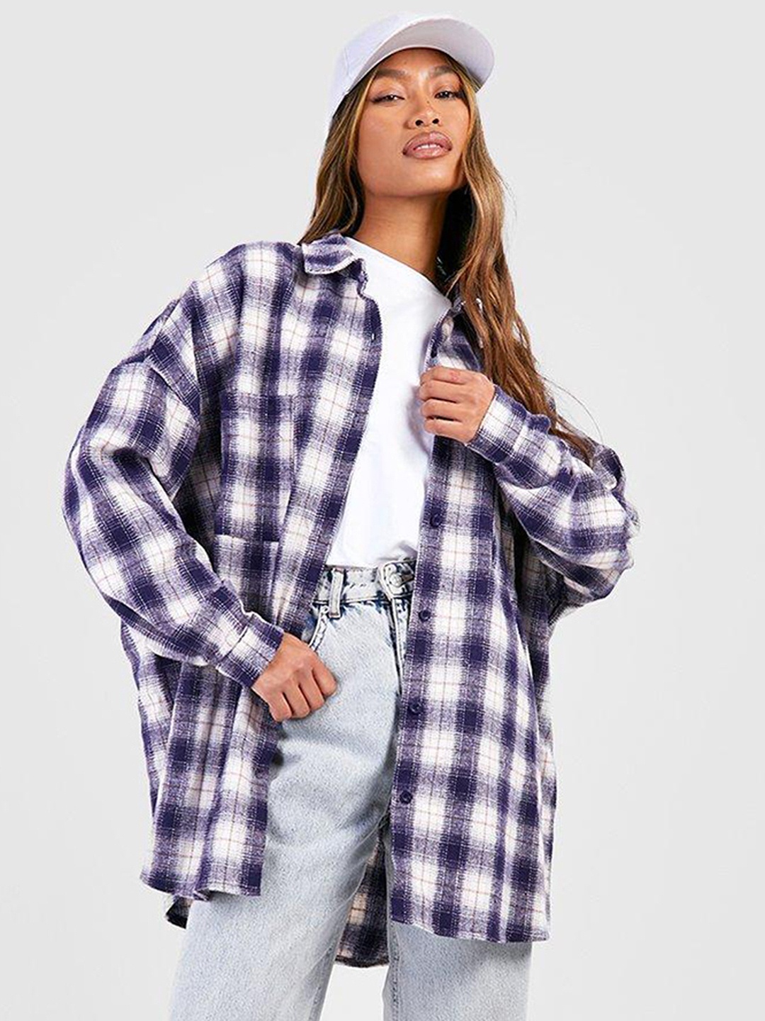 

Boohoo Tartan Checked Oversized Shacket, Navy blue