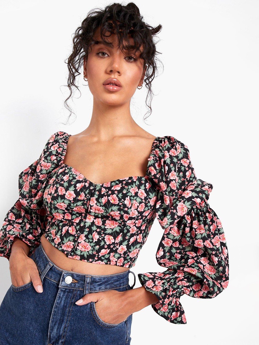 

Boohoo Floral Print Crop Top, Black