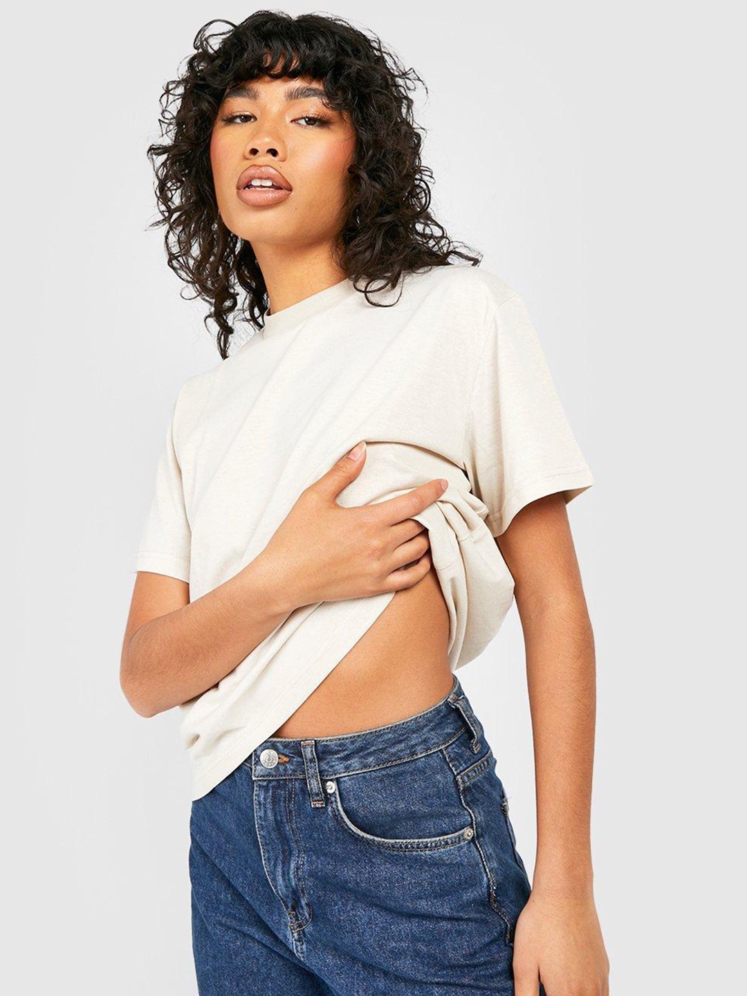 

Boohoo Crew Neck Drop-Shoulder Sleeves Pure Cotton T-shirt, Cream