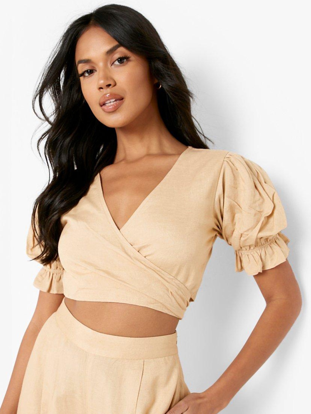 

Boohoo Linen Wrap Crop Top, Beige