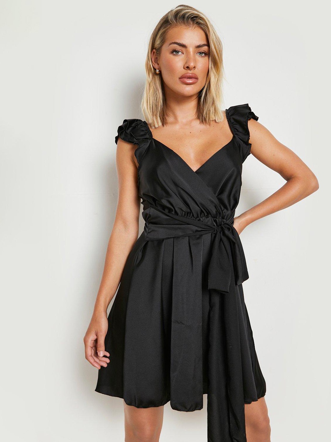 

Boohoo Ruffled Satin A-Line Mini Dress, Black