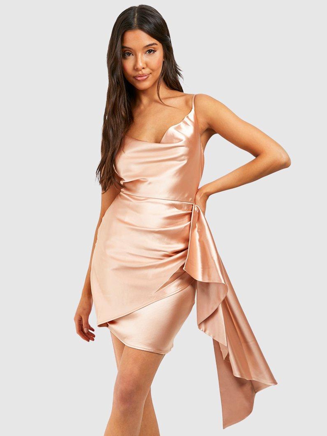 

Boohoo Cowl Neck Satin Bodycon Mini Dress, Beige