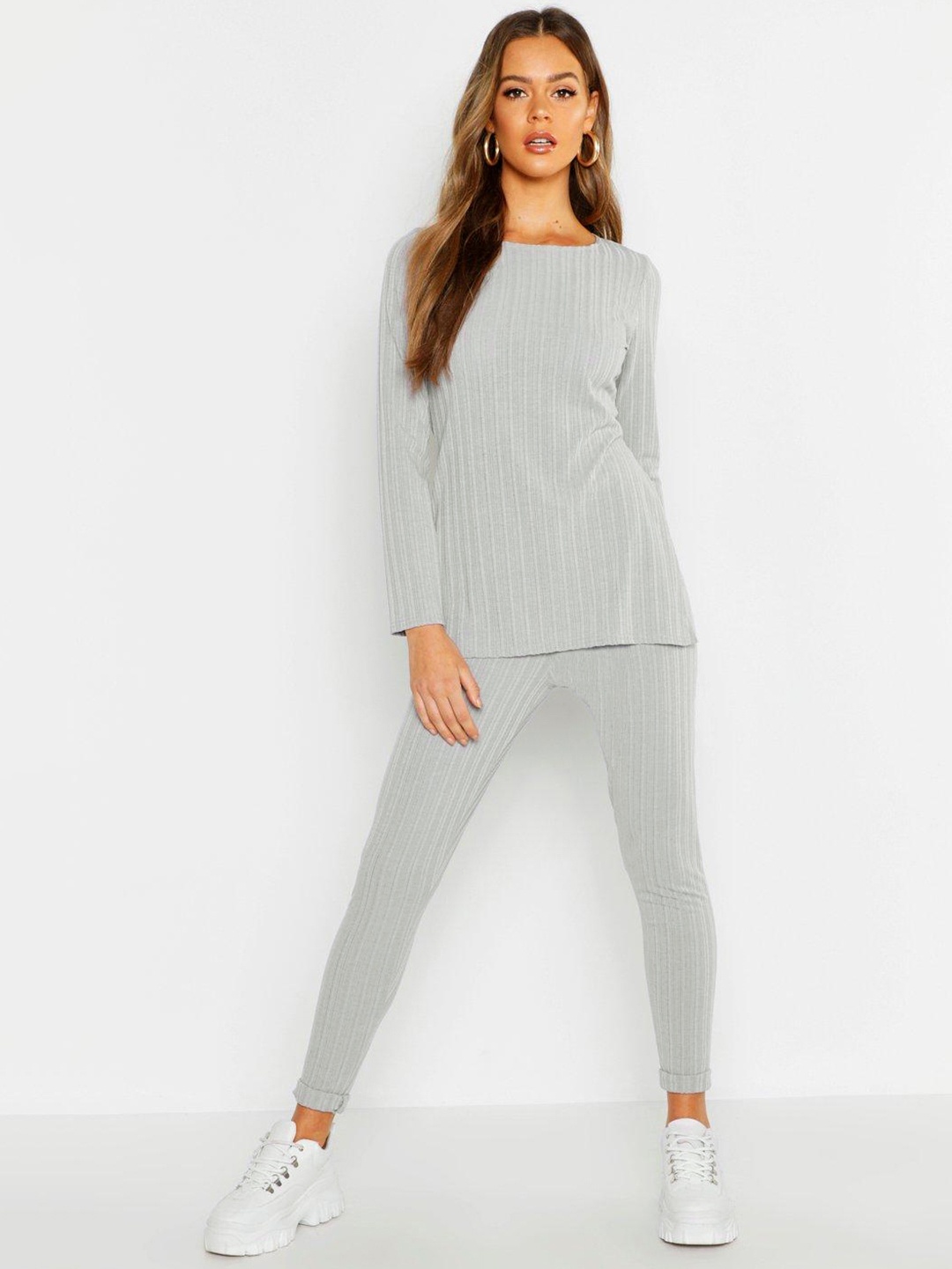 

Boohoo Ribbed Side Slits Longline Top with Leggings, Grey