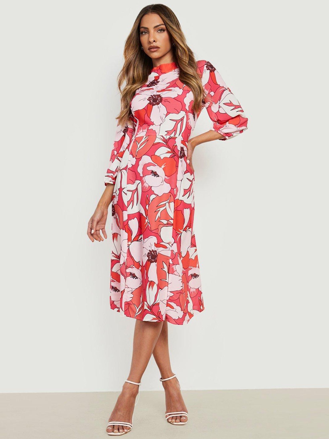 

Boohoo Floral Print A-Line Midi Dress, White