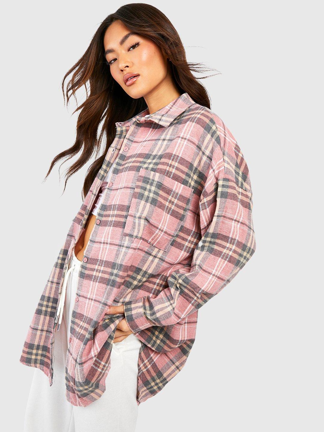 

Boohoo Tartan Checks Oversized Casual Shirt, Pink