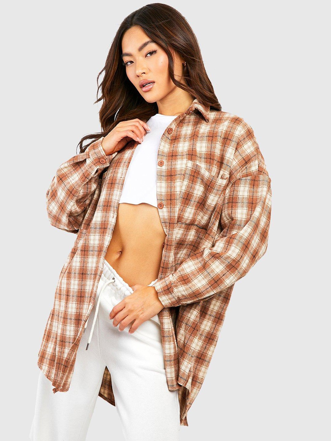 

Boohoo Tartan Checked Oversized Casual Shirt, Coffee brown