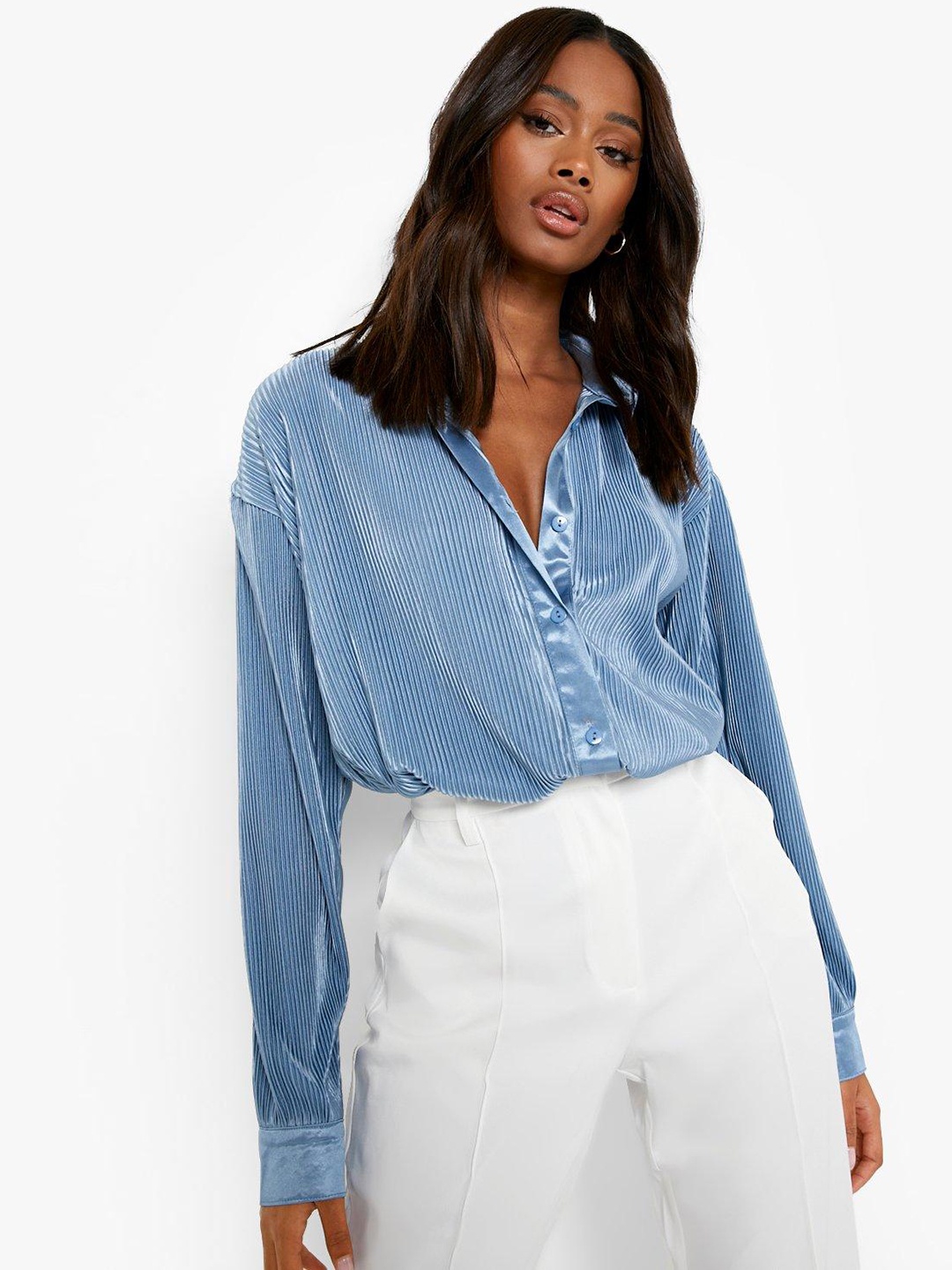 

Boohoo Plisse Oversized Casual Shirt, Blue