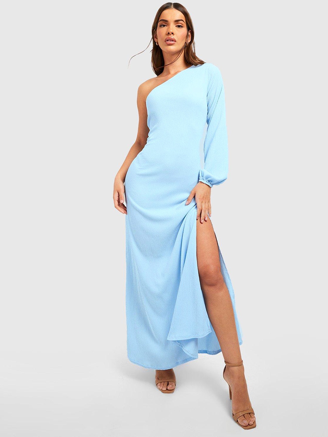 

Boohoo One Shoulder High Slit Maxi Dress, Blue