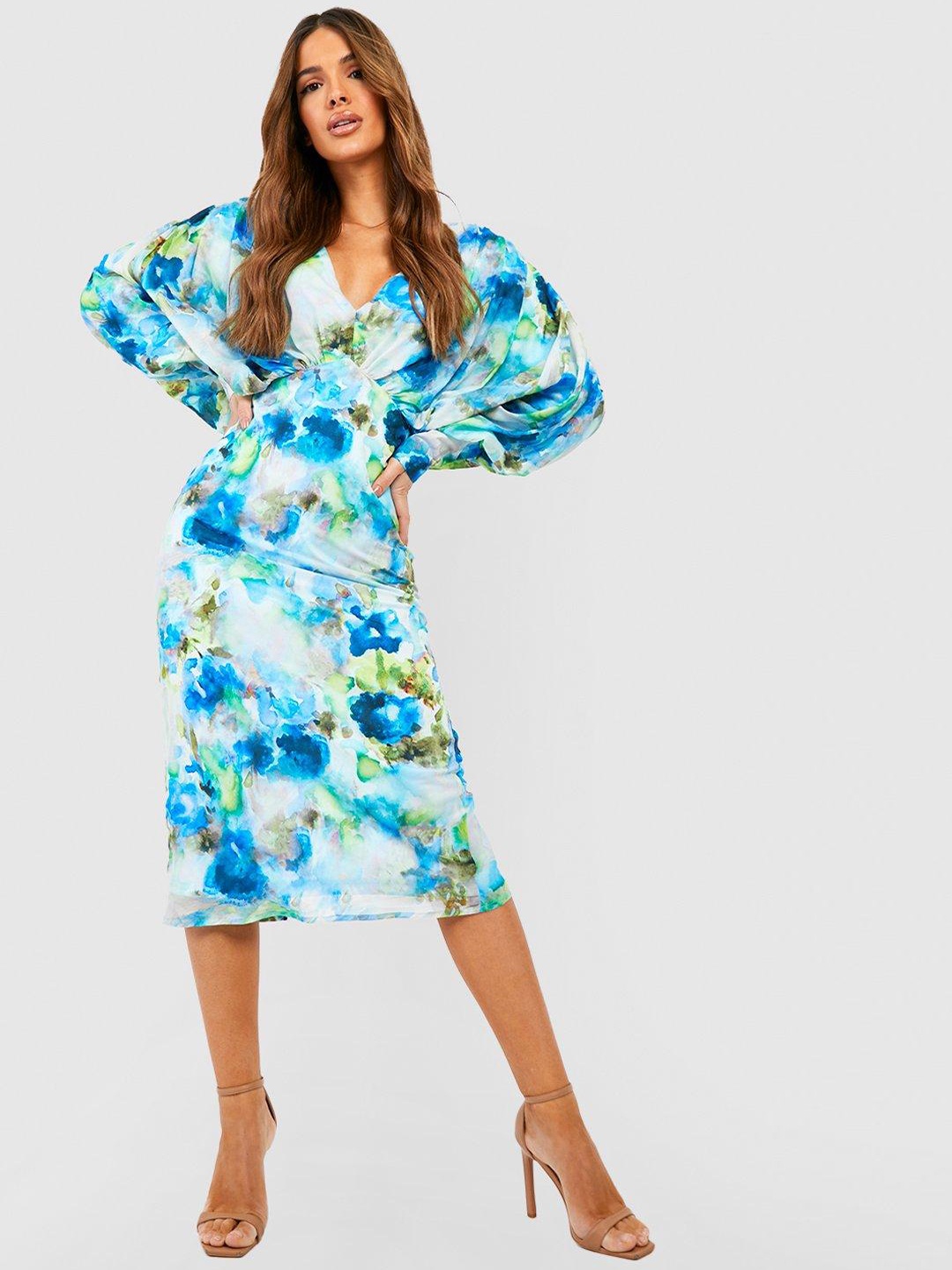 

Boohoo Abstract Print Bishop Sleeve Chiffon A-Line Midi Dress, White