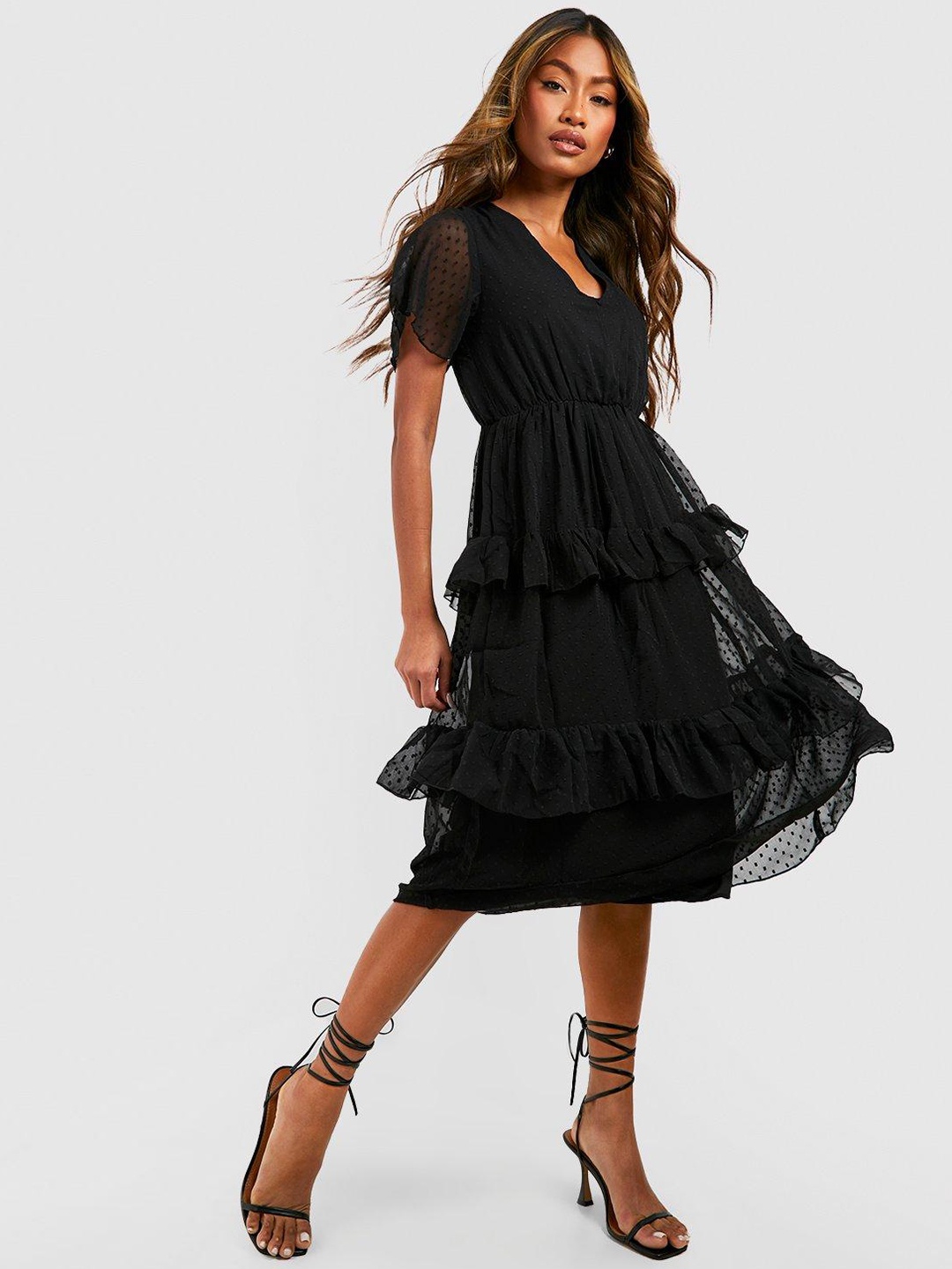 

Boohoo Dobby Ruffled A-Line Midi Dress, Black