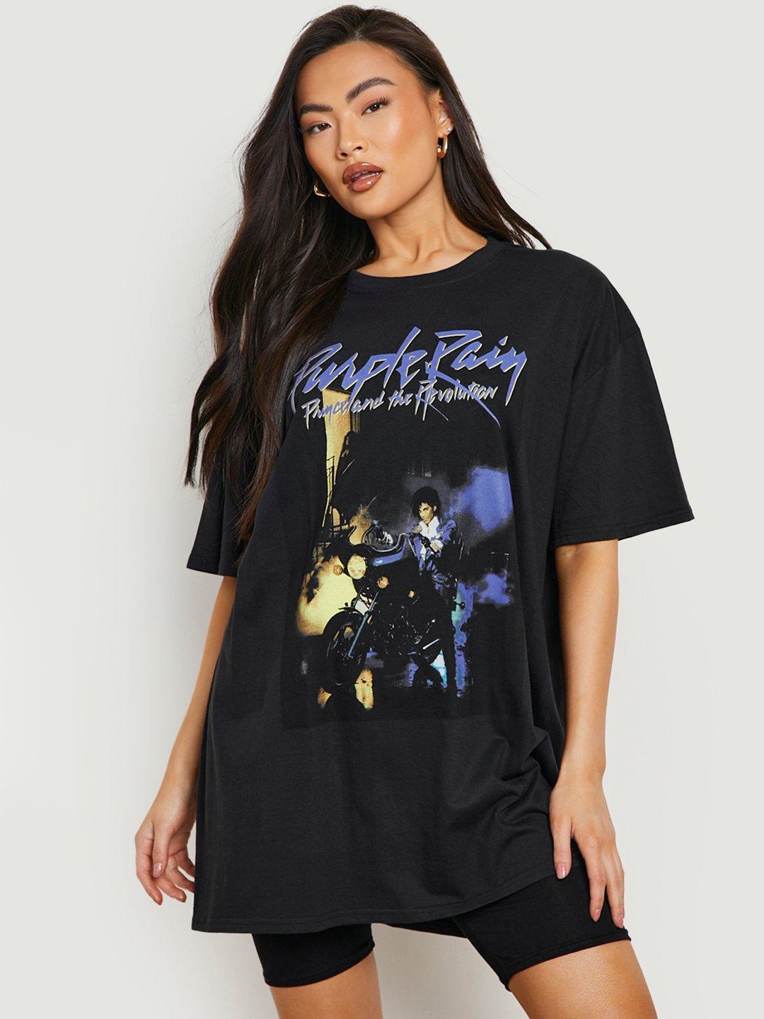 

Boohoo Prince Purple Rain Band Print Drop-Shoulder Sleeves Oversized Cotton T-shirt, Black