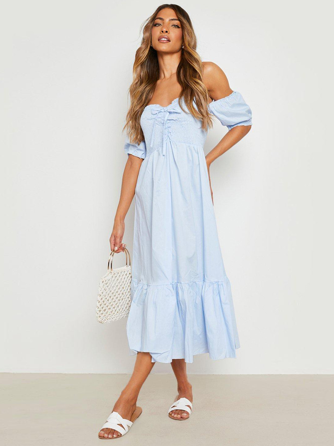 

Boohoo Pure Cotton Smocked Off-Shoulder A-Line Maxi Dress, Blue