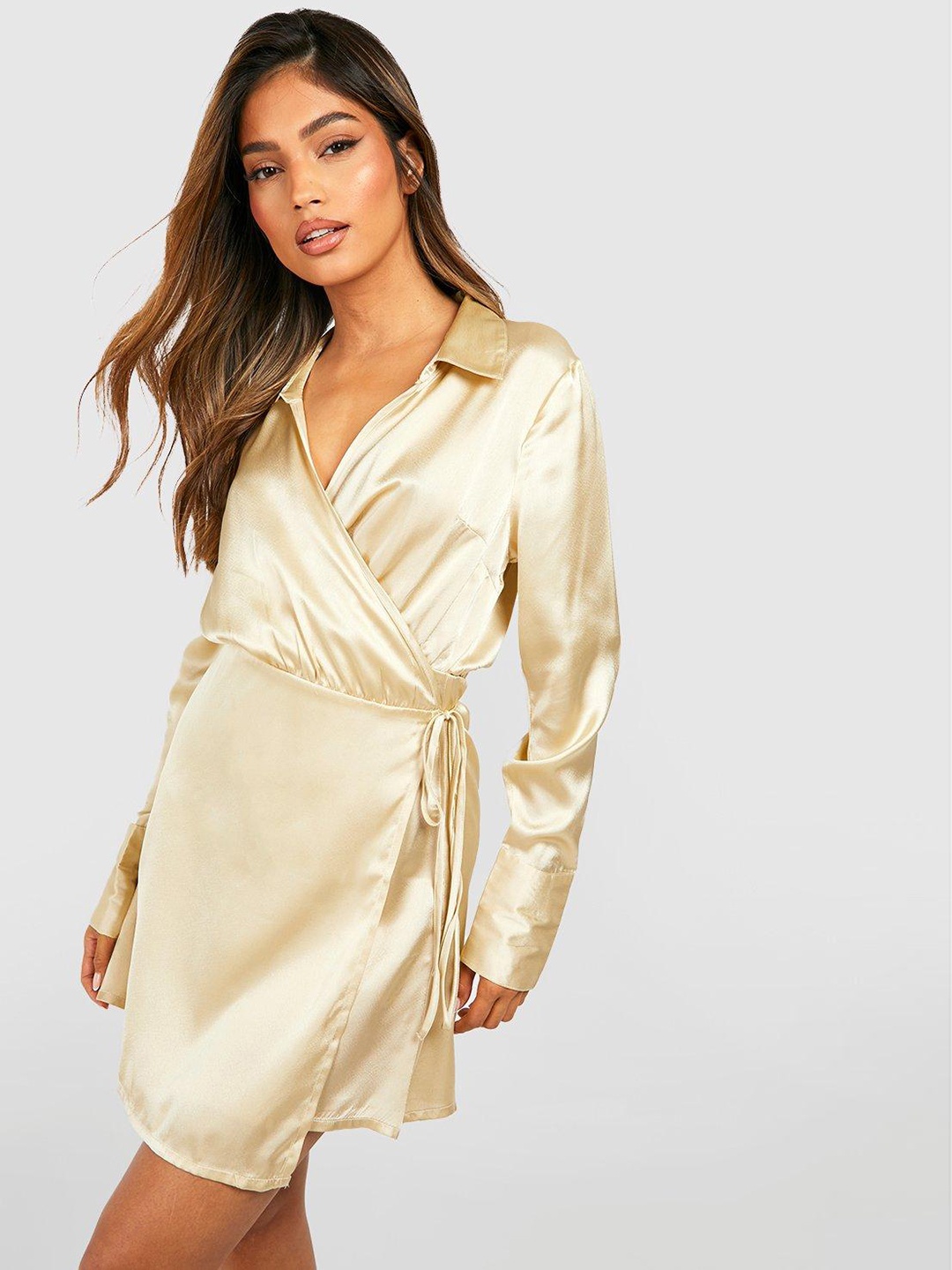 

Boohoo Satin Wrap Mini Dress, Beige