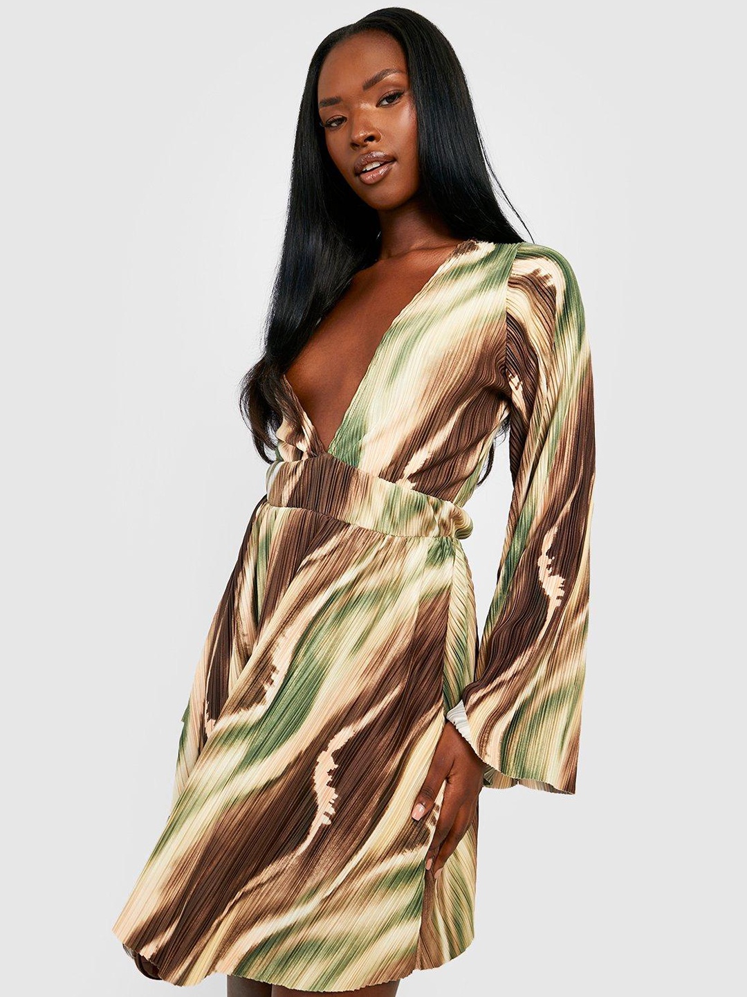 

Boohoo Accordion Pleated Abstract Print A-Line Mini Dress, Brown