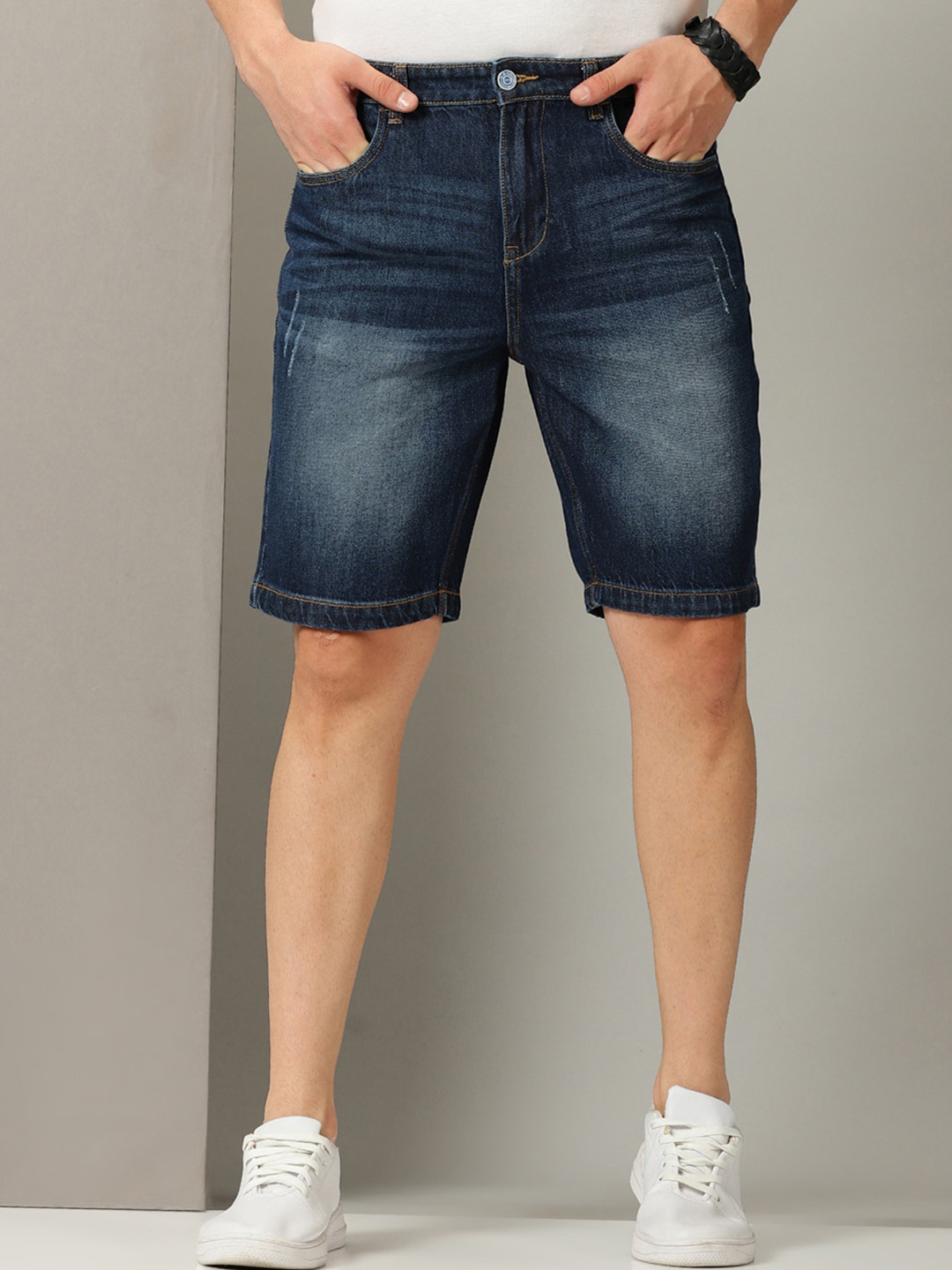 

Old Grey Men Washed Slim Fit Light Fade Denim Shorts, Blue