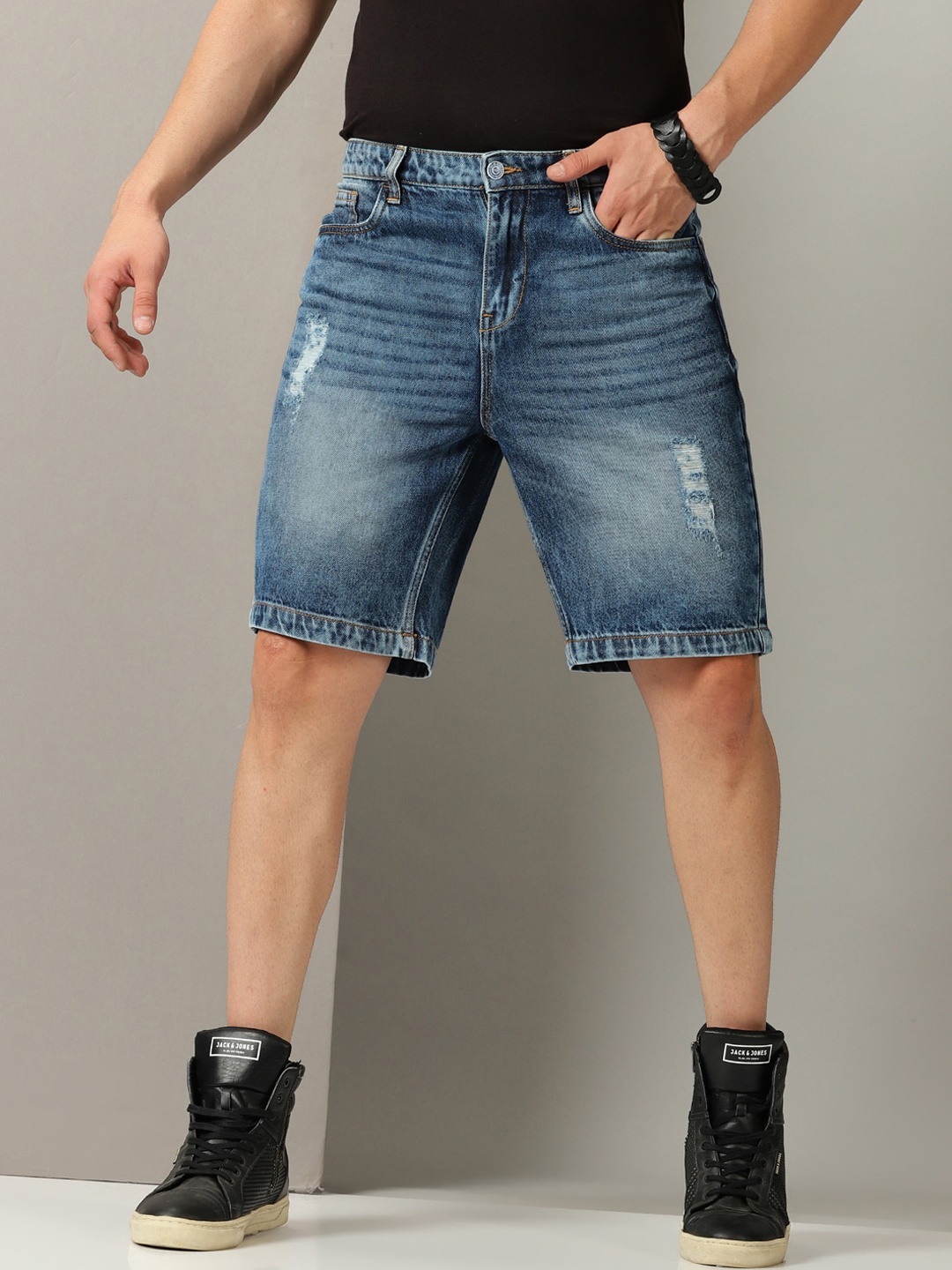 

Old Grey Men Washed Slim Fit Low Distress Cotton Denim Shorts, Blue