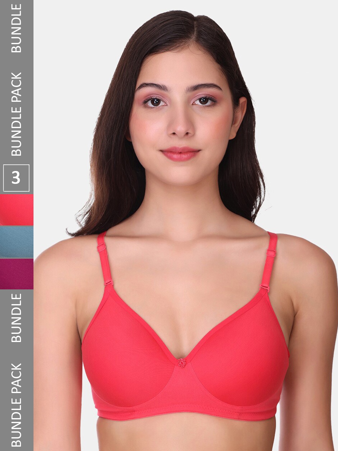 

POOJA RAGENEE Pack Of 3 Full Coverage Lightly Padded Seamless T-shirt Bra, Coral
