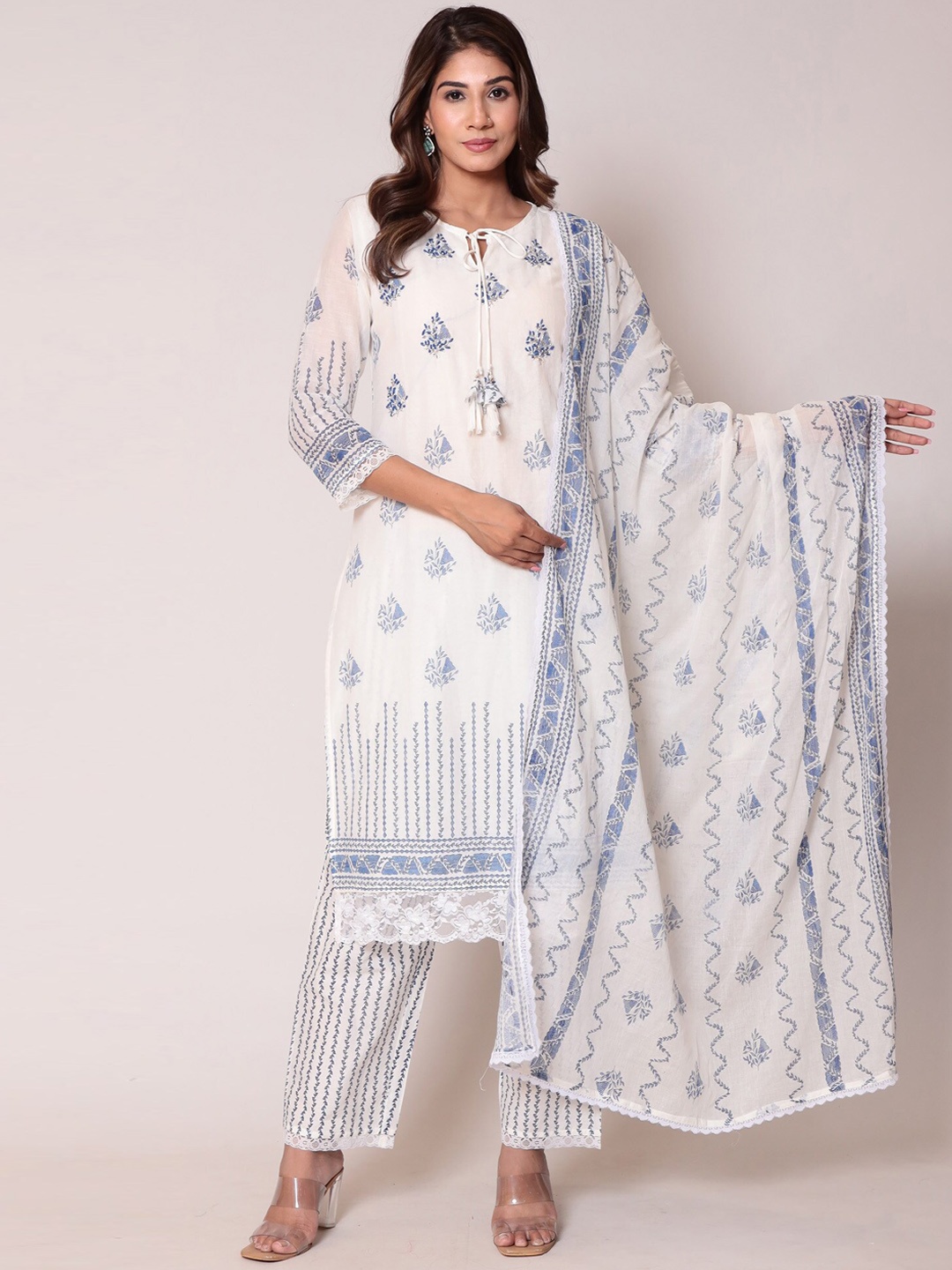 

ZARI Floral Printed Regular Kurta with Trousers & Dupatta, White