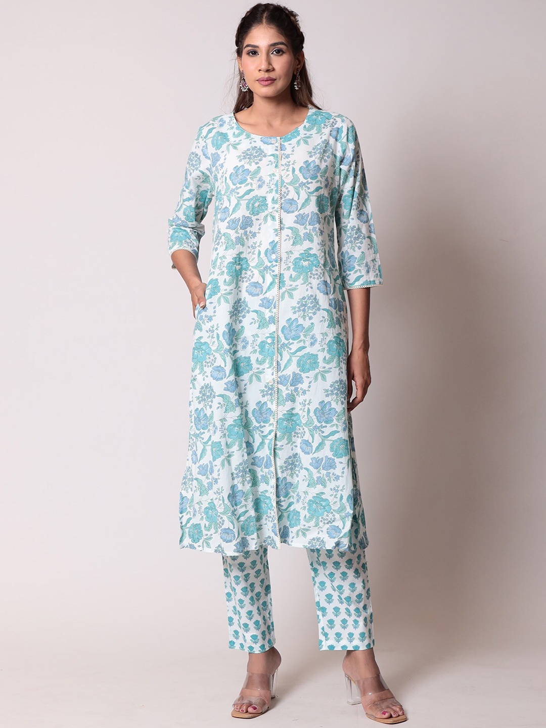 

ZARI Floral Printed Regular Pure Cotton Kurta with Trousers, Blue