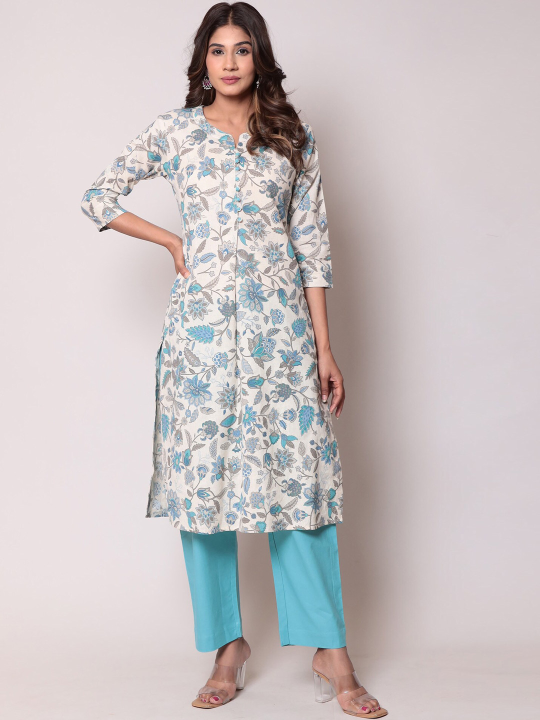 

ZARI Floral Printed Regular Pure Cotton Kurta With Palazzos, Blue