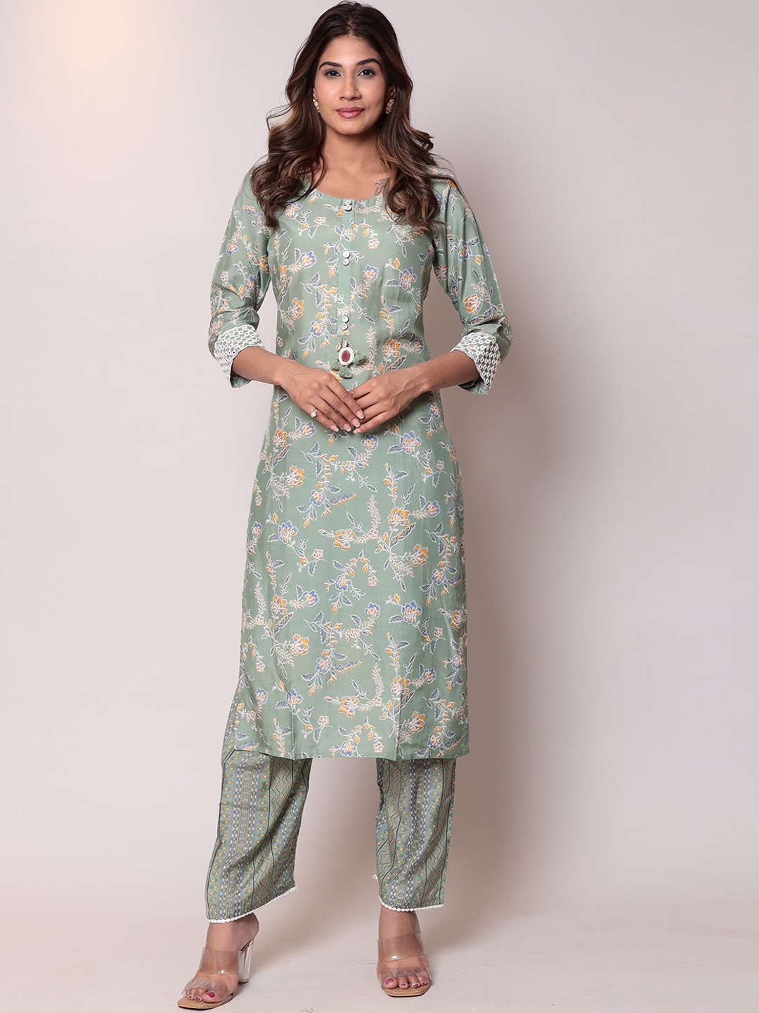 

ZARI Floral Printed Regular Chanderi Silk Kurta with Trousers, Green