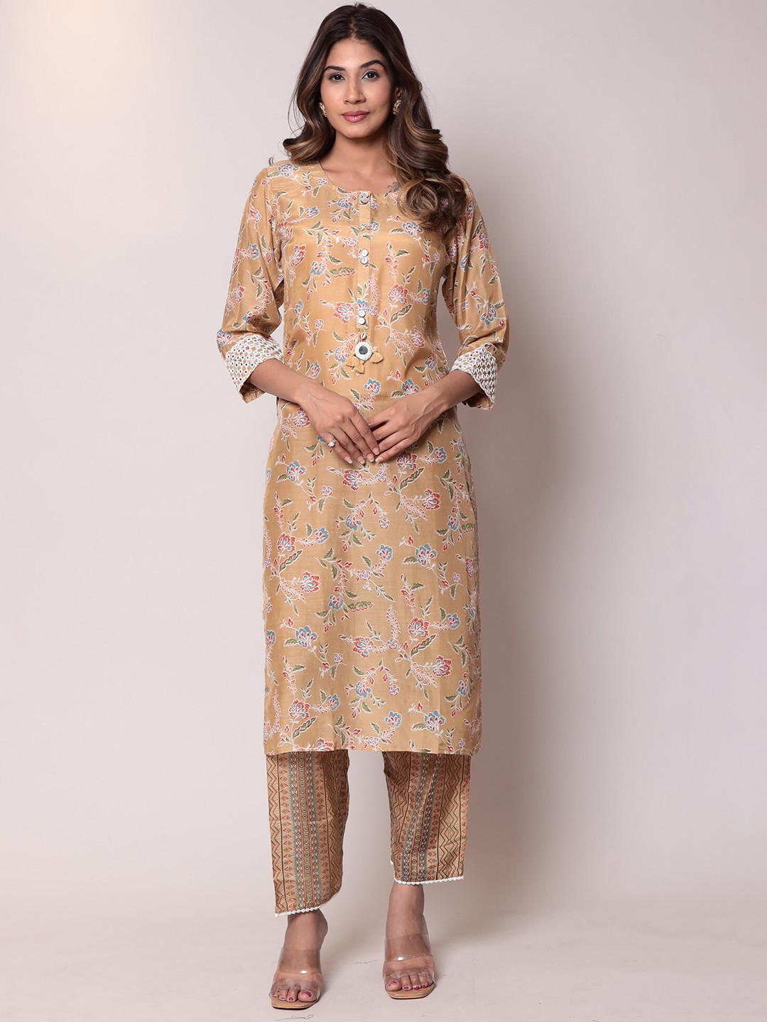 

ZARI Floral Printed Regular Chanderi Silk Kurta with Trousers, Brown