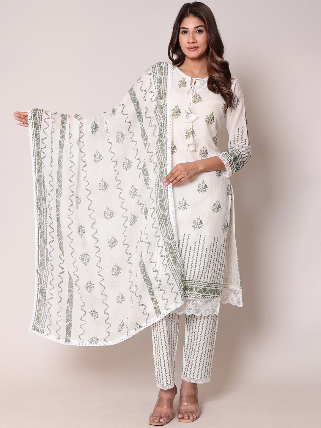 

ZARI Floral Printed Regular Kurta with Trousers & Dupatta, Green