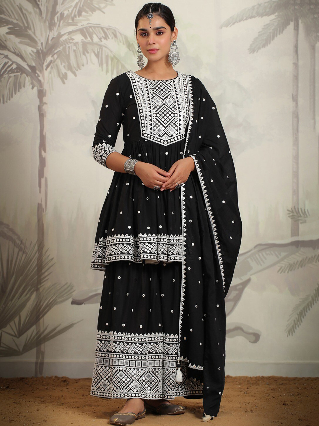 

ZARI Embroidered Regular Mirror Work Kurta with Palazzos & Dupatta, Black