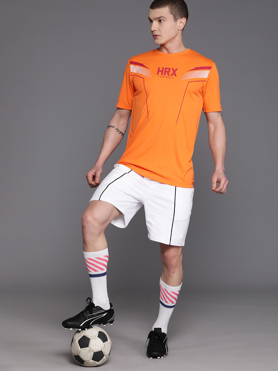 

HRX by Hrithik Roshan Brand Logo Printed Rapid-Dry Football T-shirt, Orange
