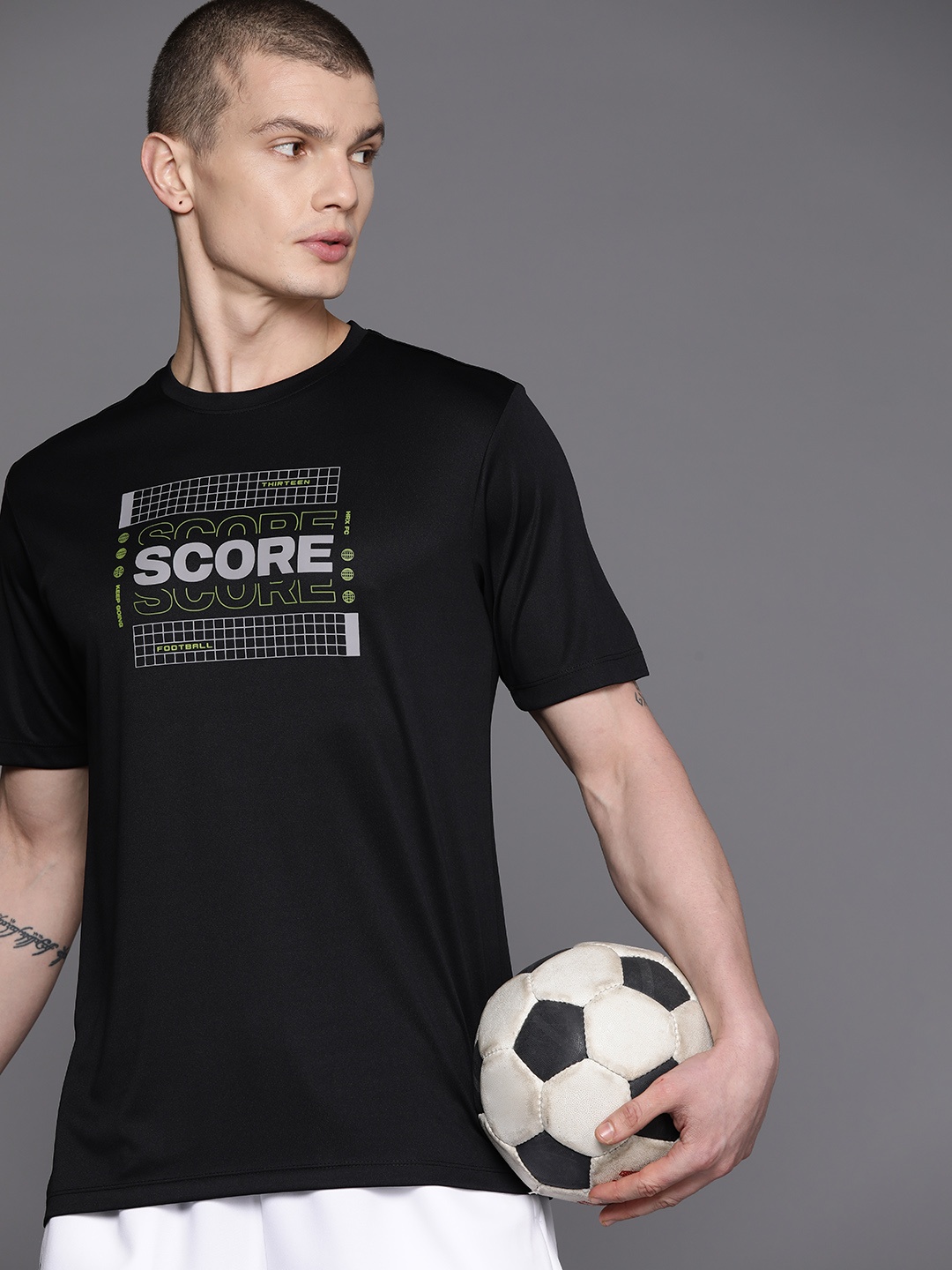 

HRX by Hrithik Roshan Typography Printed Rapid-Dry Football T-shirt, Black