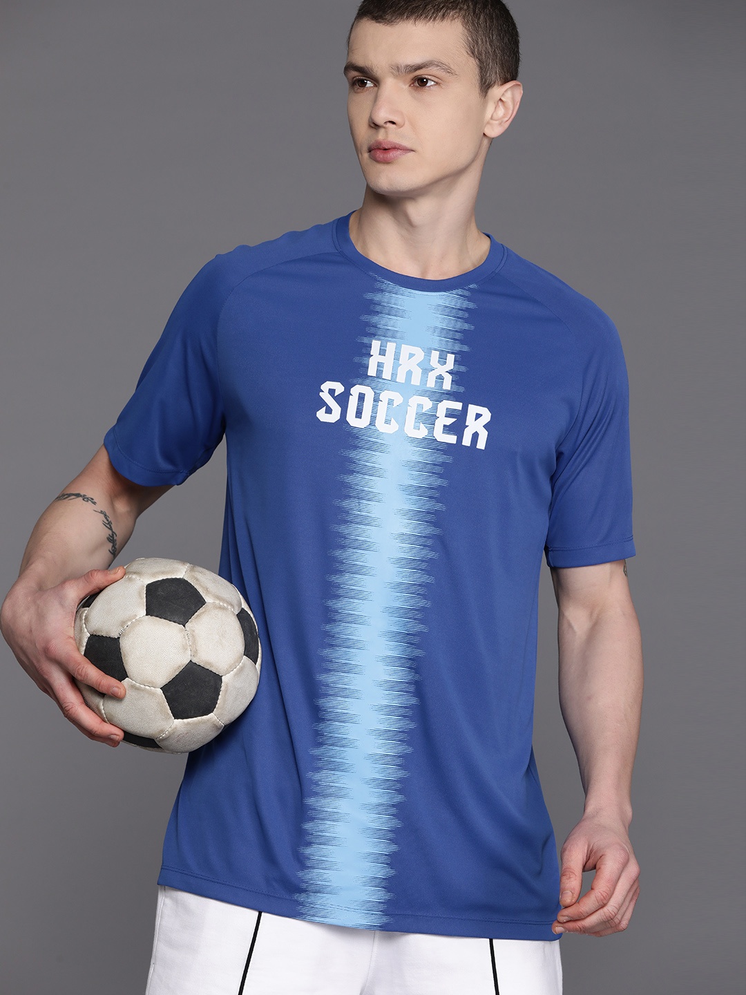 

HRX by Hrithik Roshan Brand Logo Printed Rapid-Dry Football T-shirt, Navy blue
