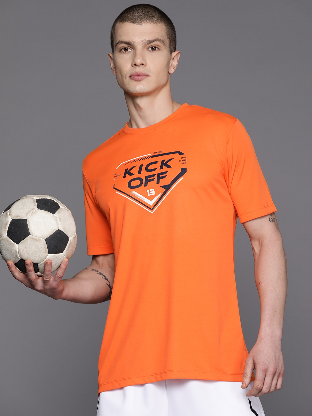 

HRX by Hrithik Roshan Typography Printed Rapid-Dry Football T-shirt, Orange