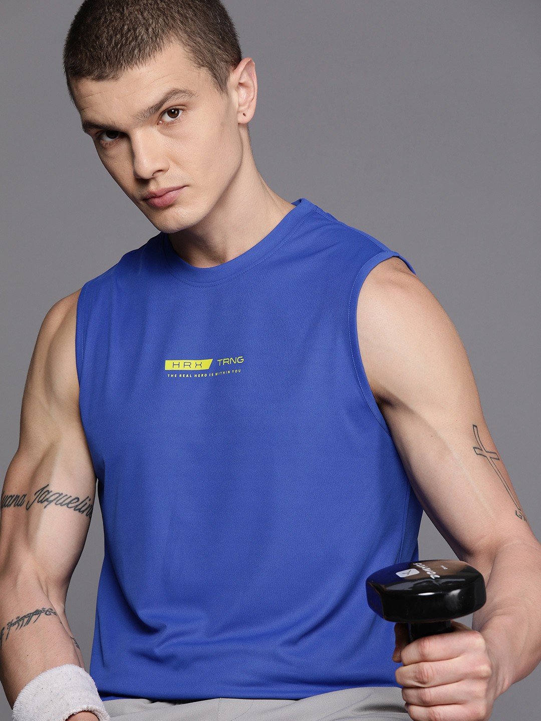 

HRX by Hrithik Roshan Brand Logo Printed Rapid-Dry Training Tank T-shirt, Blue