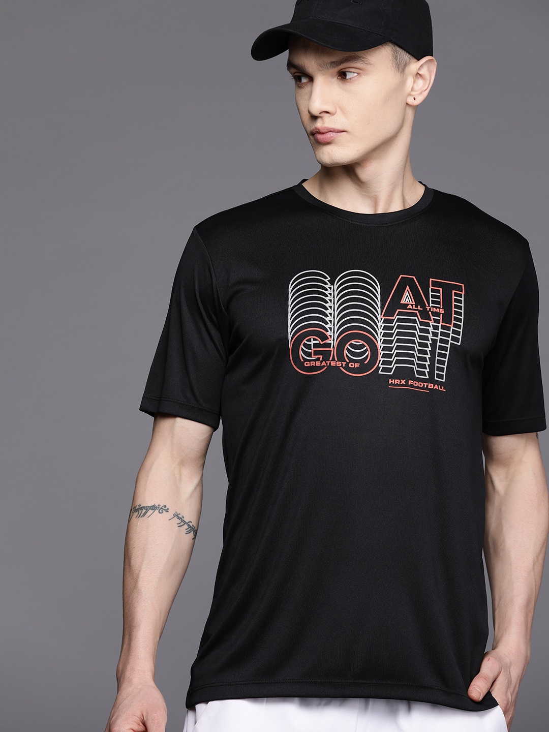 

HRX by Hrithik Roshan Typography Printed Football Rapid-Dry T-shirt, Black