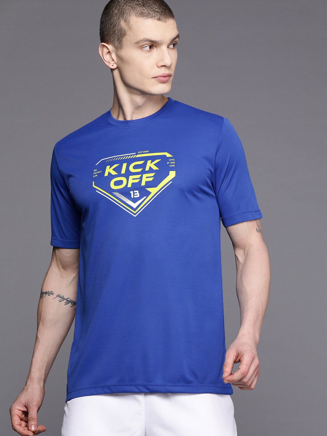 

HRX by Hrithik Roshan Typography Printed Football Rapid-Dry T-shirt, Blue