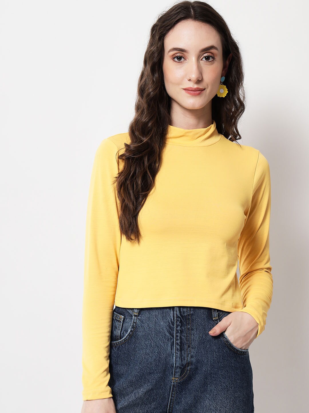 angloindu High Neck Pockets Slim Fit T-shirt, Yellow