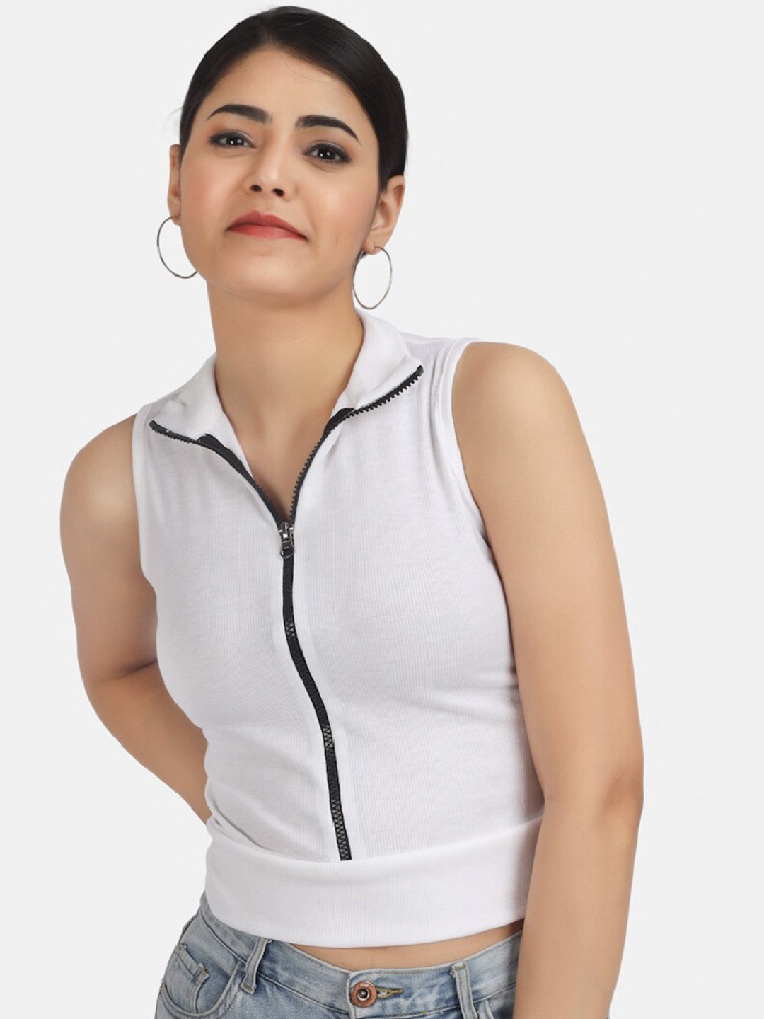 

angloindu High Neck Monochrome Slim Fit T-shirt, White